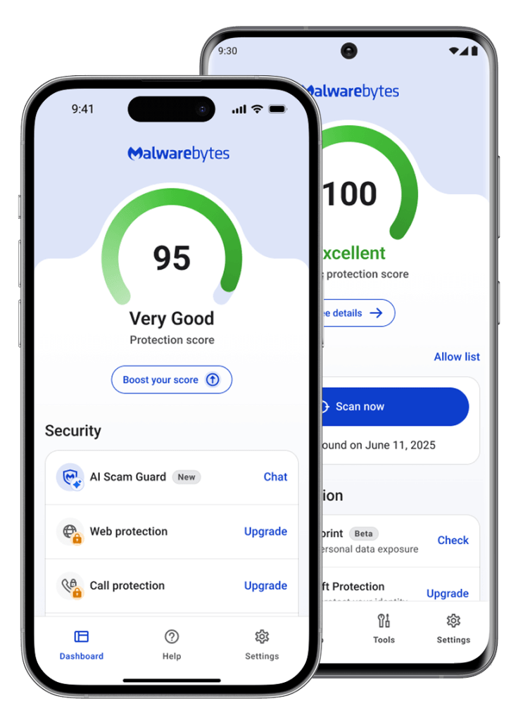 Malwarebytes Mobile app dashboard showing in two devices, one apple iphone and one samsung android device