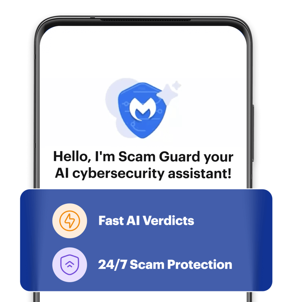 Teléfono móvil con instroducción a Scam Guard en la pantalla y las características de Fast AI Verdicts y 24/7 scam protection