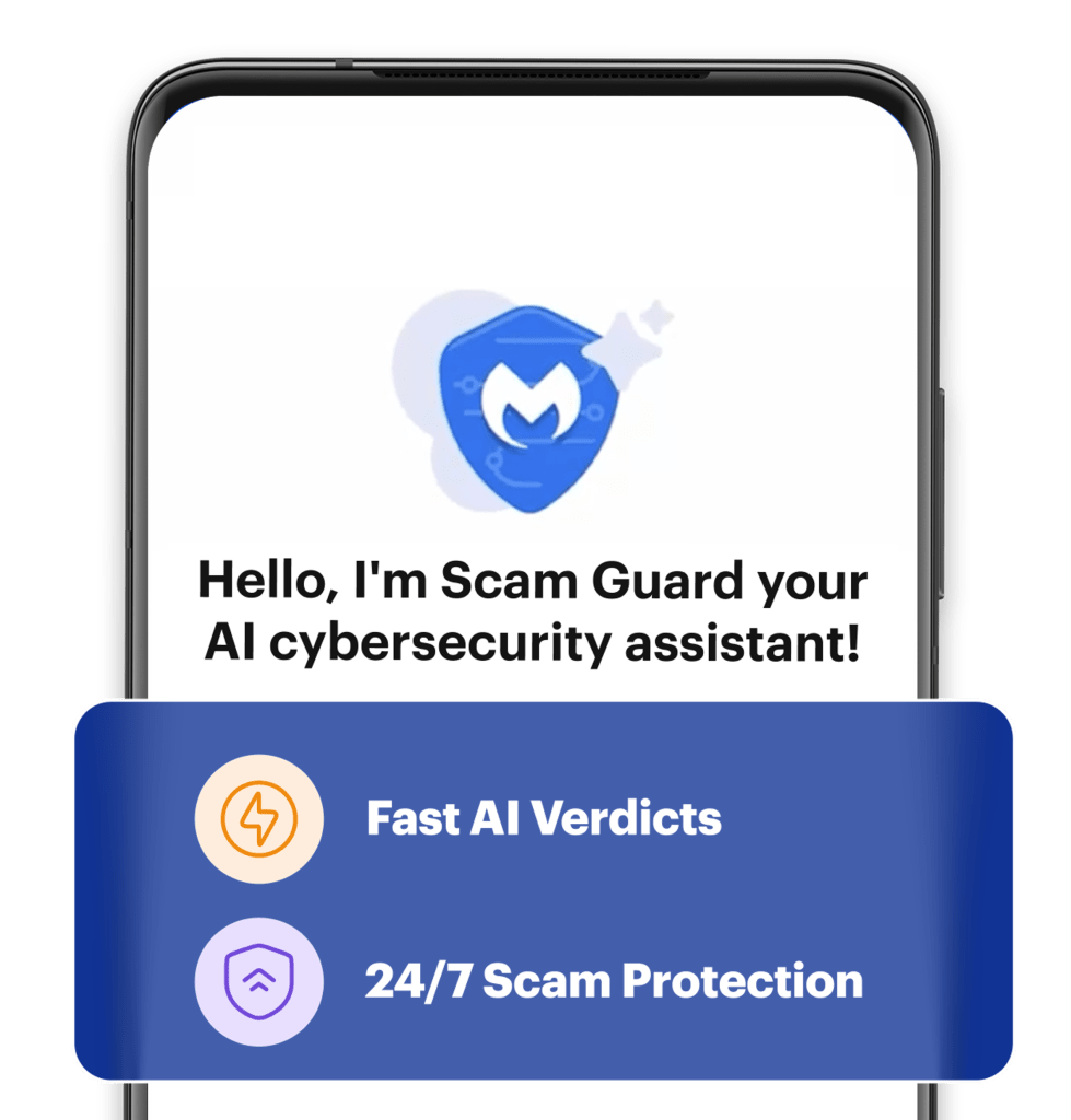 Malwarebytes Interface do Scam Guard no celular com banner de recursos.